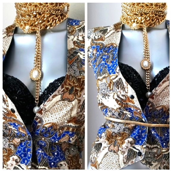 "WESTERN TRIBAL" Vintage "ART to WEAR" Ethnic Beaded Graphics Snap Buttons Vest - Picture 1 of 13